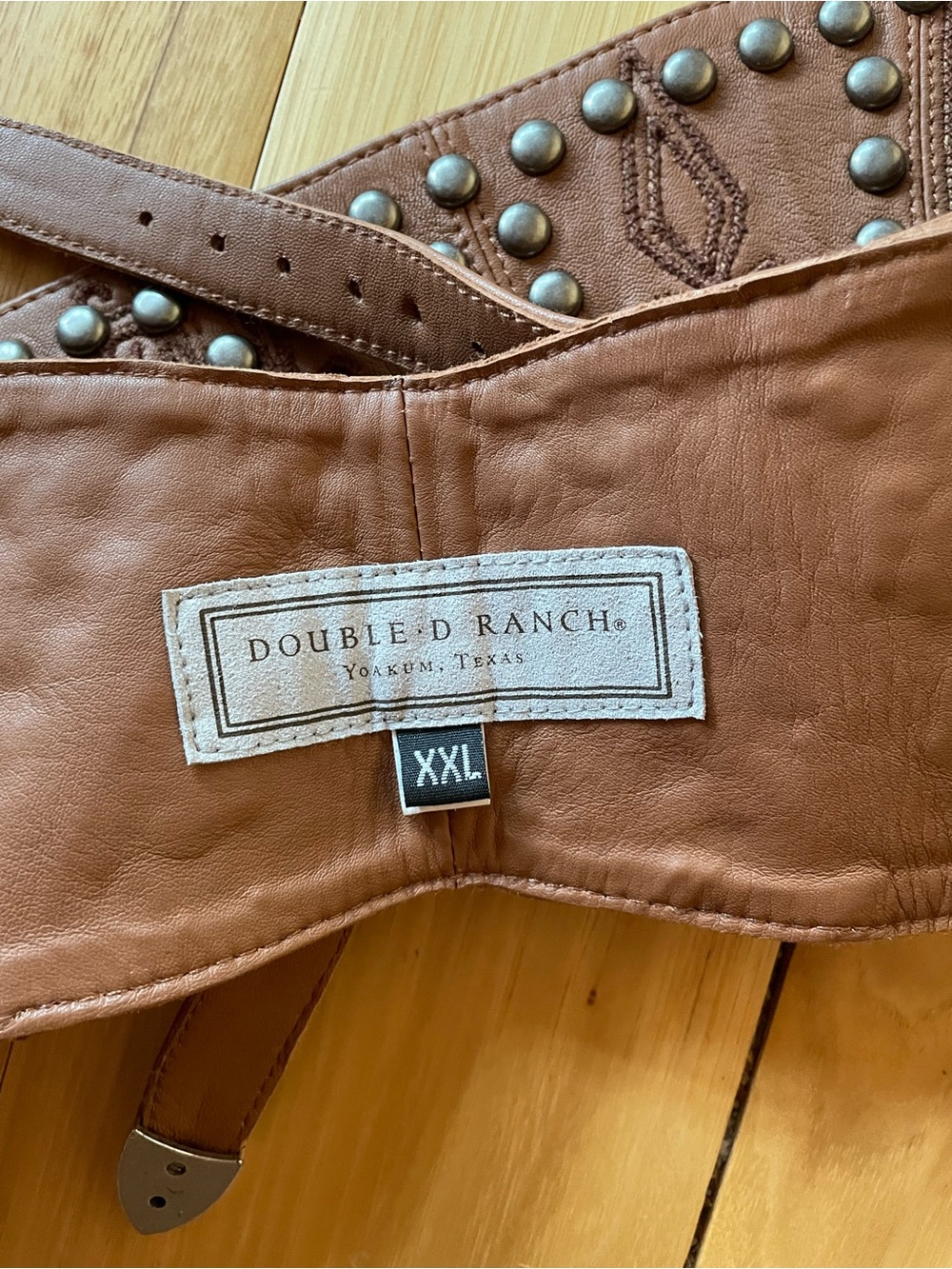 Double D Ranch Tan Leather Double-Buckle Studded Western Belt - Picture 2 of 4